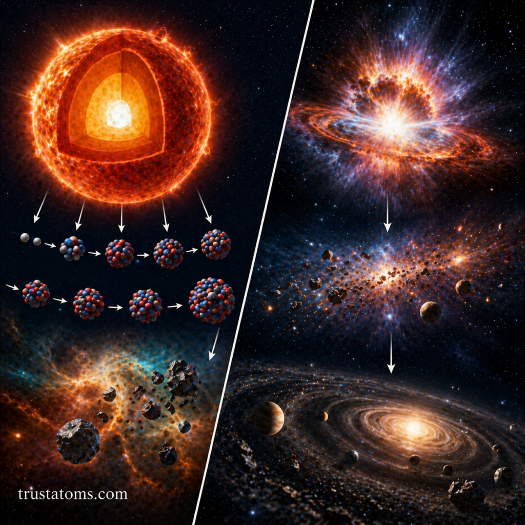 Split illustration showing element formation inside a star and the dispersal of elements through a supernova leading to new planetary systems.
