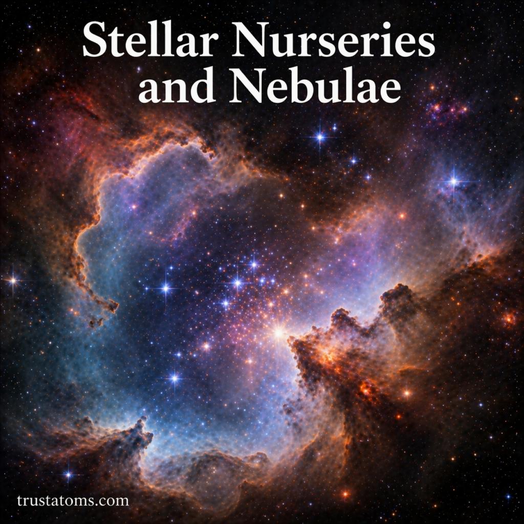 Illustration of a colorful nebula acting as a stellar nursery, showing gas clouds where new stars are forming in deep space.