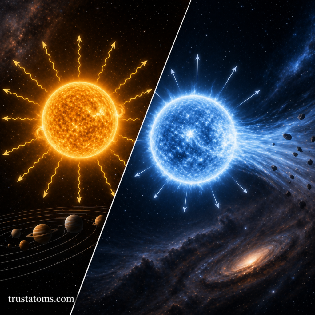 Split illustration comparing a stable star with balanced radiation pressure and a massive star emitting strong outward radiation and stellar material.
