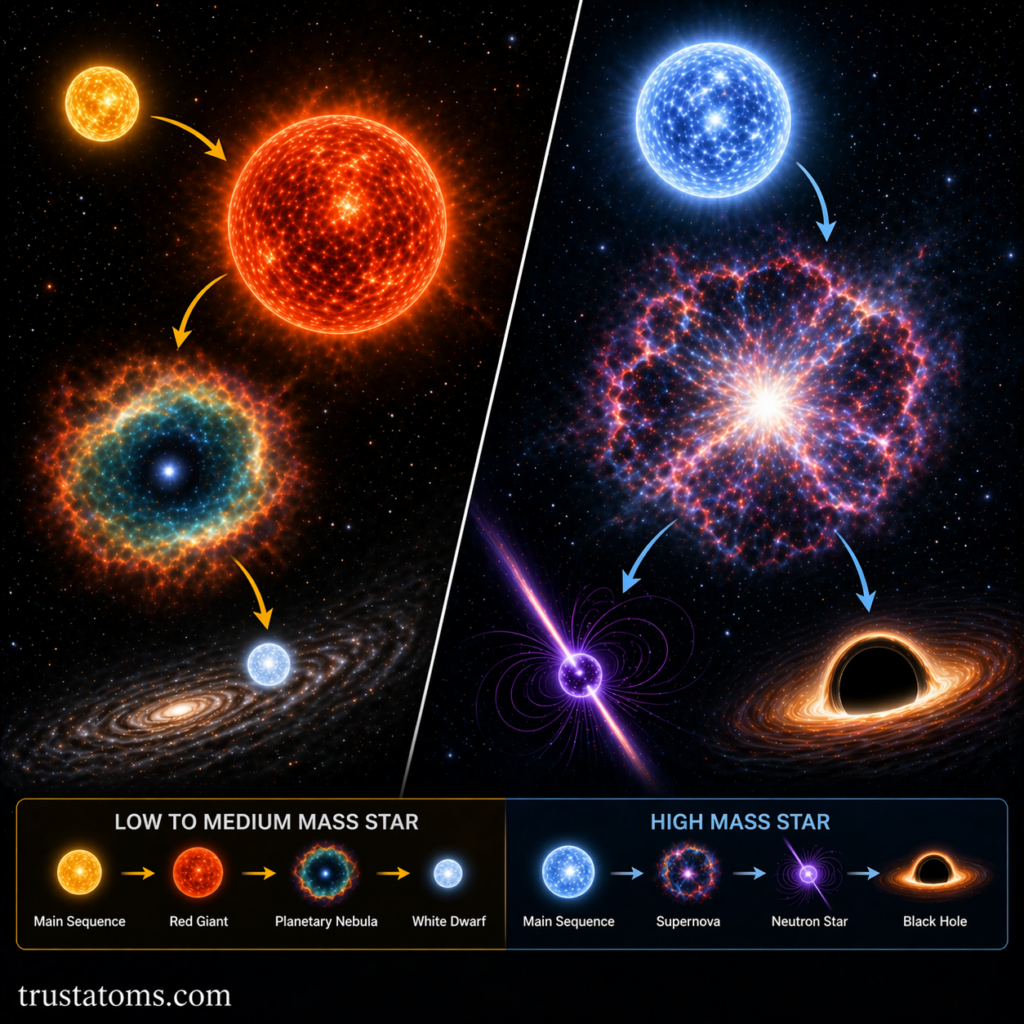 Split diagram showing low to medium mass stars evolving into white dwarfs and high mass stars evolving into neutron stars or black holes after a supernova.