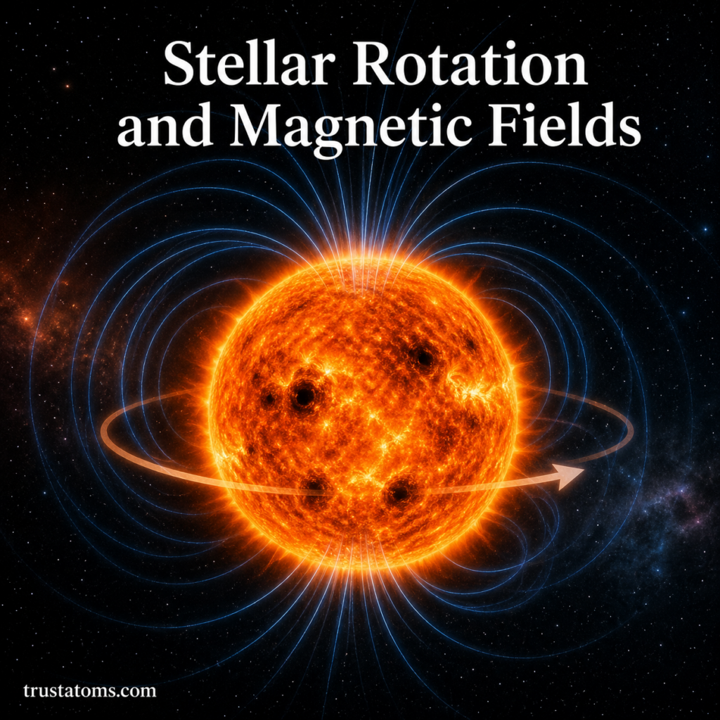 Illustration of a rotating star with visible magnetic field lines and directional rotation arrow in space.
