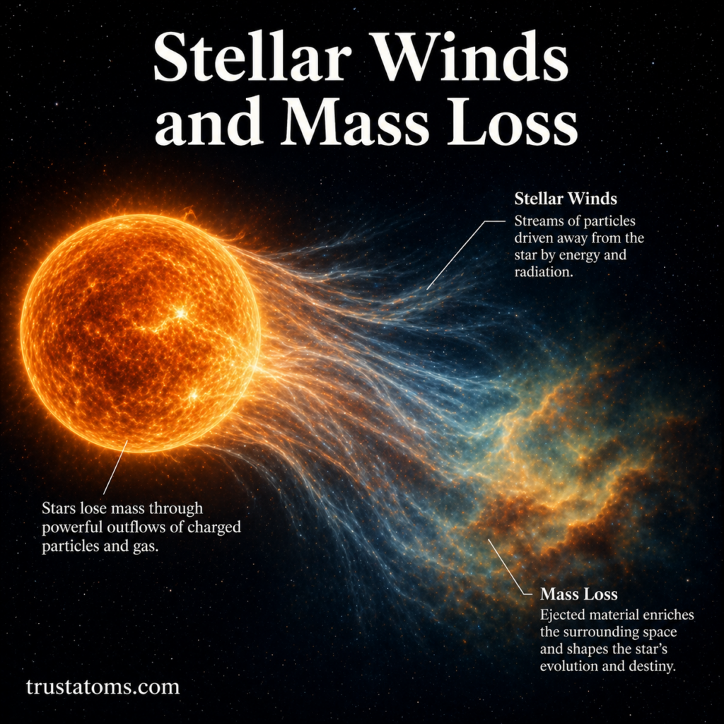 Illustration of a star emitting stellar winds and losing mass into space, showing streams of gas flowing outward into surrounding nebula.