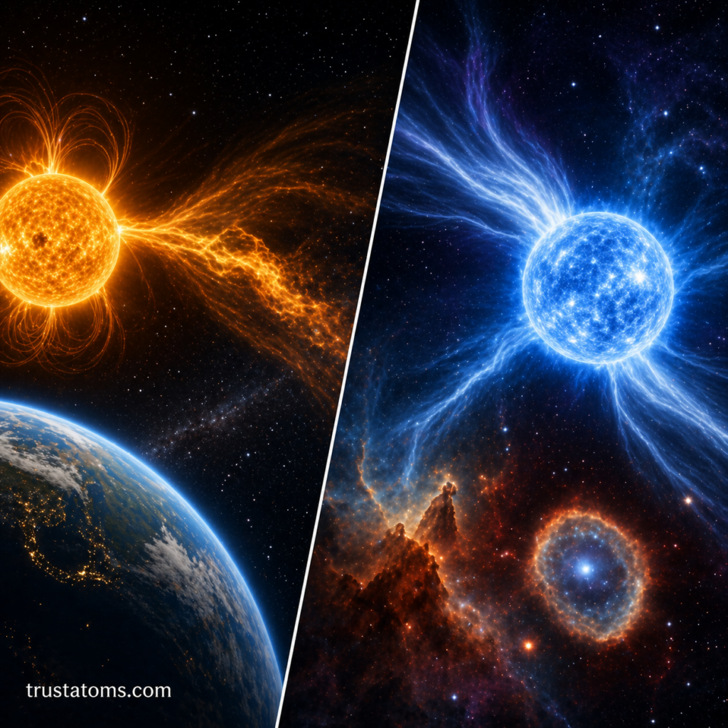 Split illustration comparing stellar winds from a sun-like star affecting a nearby planet and powerful winds from a massive blue star shaping surrounding nebula.