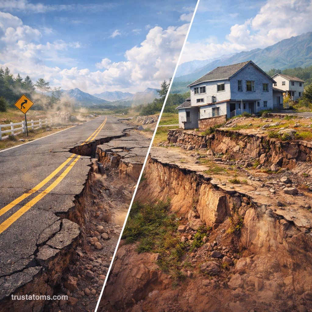 Split illustration showing horizontal strike-slip fault displacement on a road and vertical fault uplift affecting homes and land.