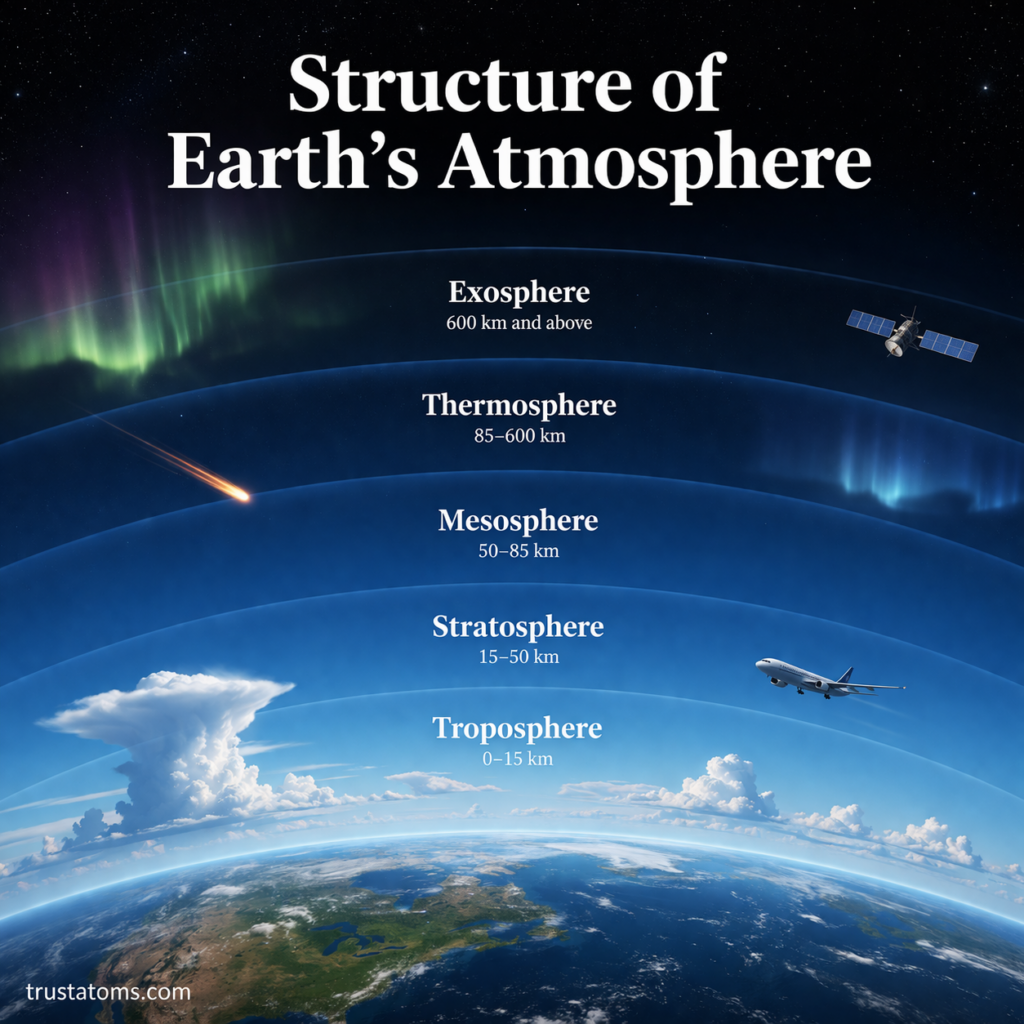 Illustration showing the layers of Earth’s atmosphere including troposphere, stratosphere, mesosphere, thermosphere, and exosphere.