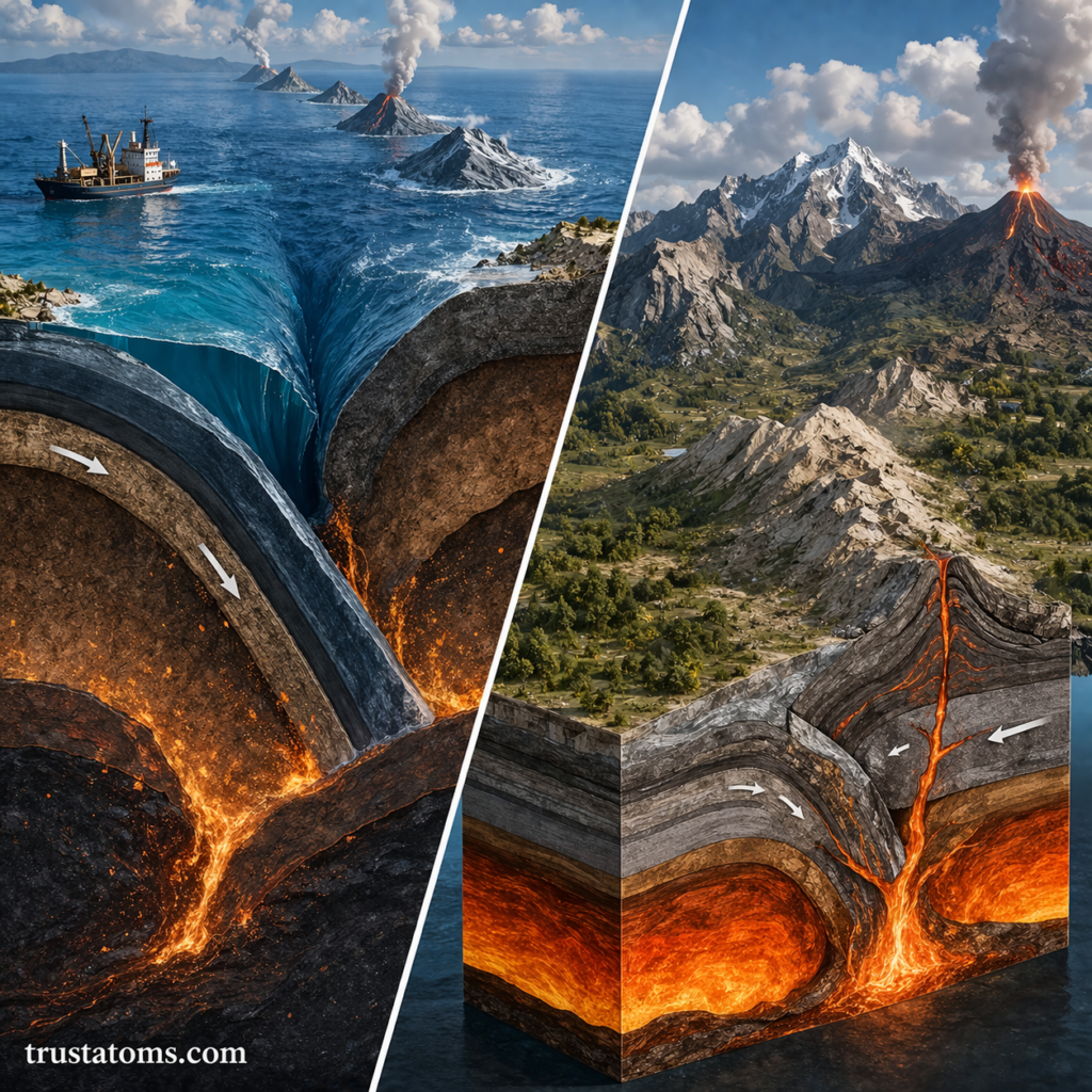 Split illustration showing oceanic plate subduction at a trench and volcanic activity forming new crust on land.