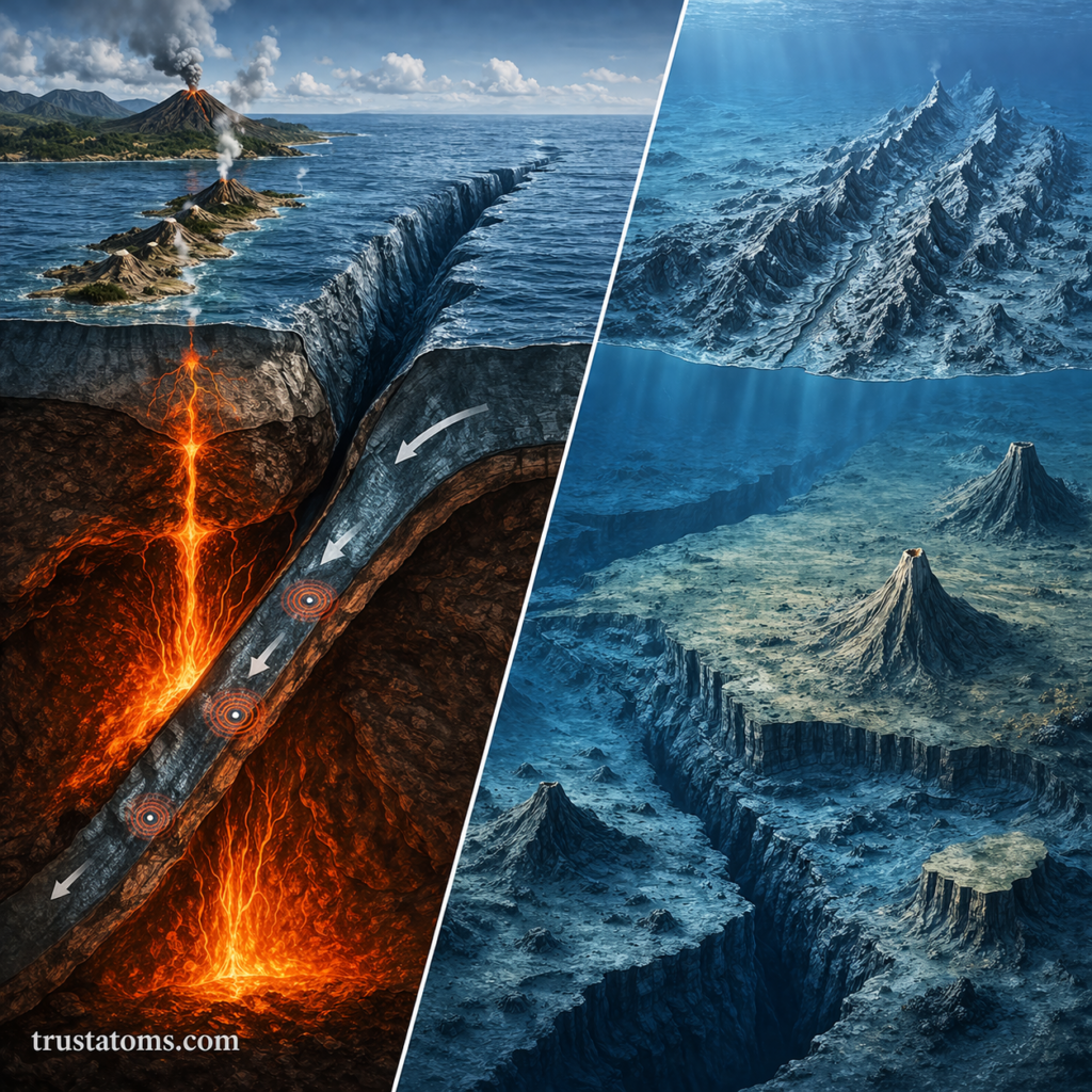 Split illustration showing a subduction zone with ocean trench formation on one side and deep-sea topography with seamounts and ridges on the other.