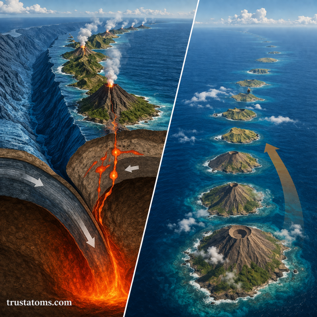 Split diagram showing subduction zone volcanic arc formation on one side and hotspot island chain formation with age progression on the other.