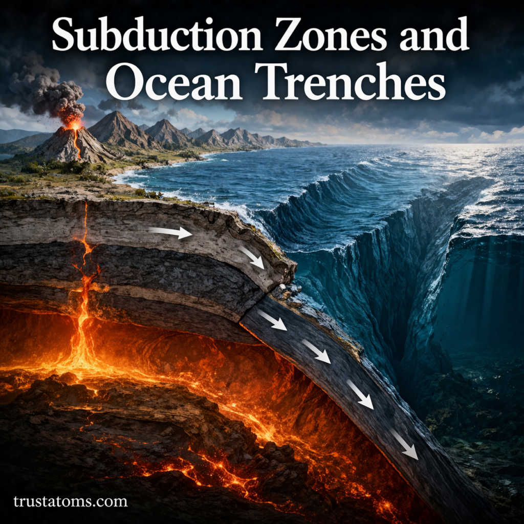Illustration showing a subduction zone with one tectonic plate sinking beneath another and forming an ocean trench.
