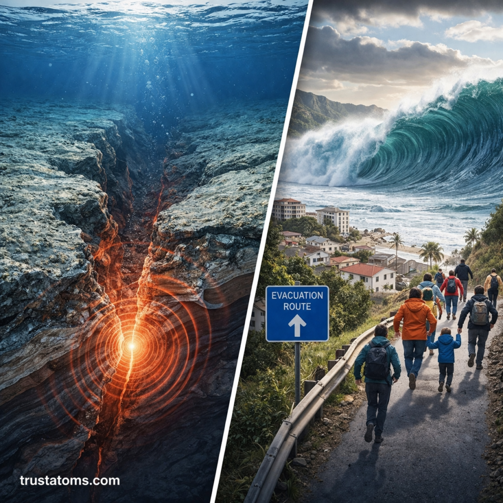 Split illustration showing an underwater earthquake at the seafloor and a coastal tsunami evacuation with people moving to higher ground.