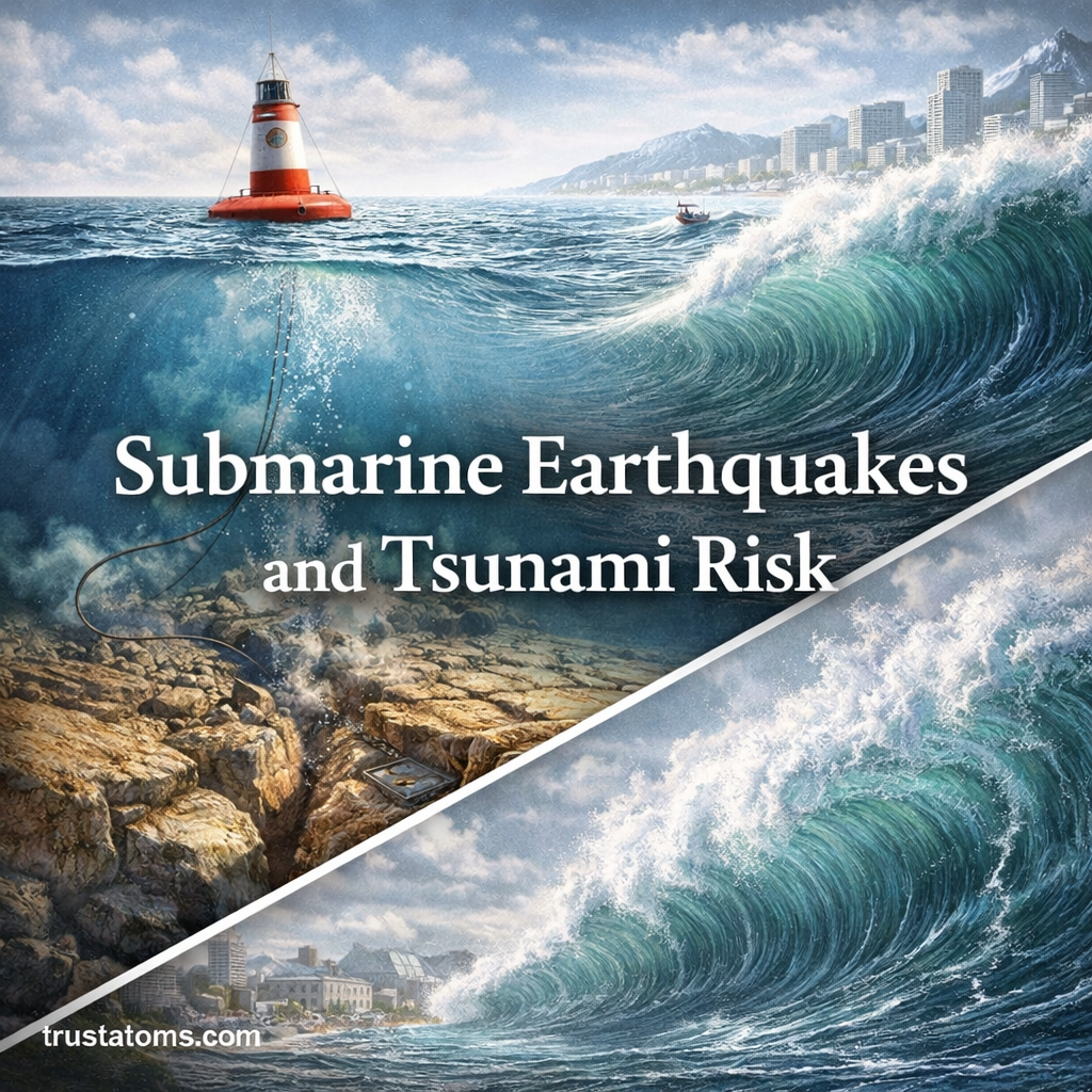 Illustration showing a submarine earthquake beneath the ocean and a tsunami wave approaching a coastal city.