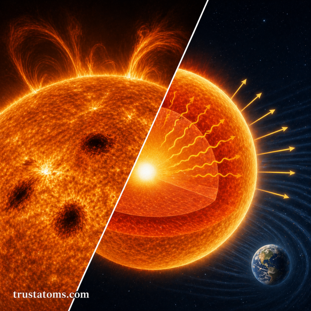 Split illustration of the Sun showing active surface features like sunspots and flares alongside a cross-section of internal layers with energy moving outward toward Earth.