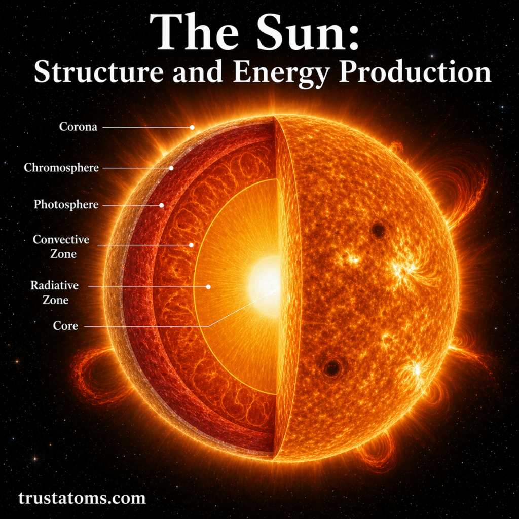 Cross-section illustration of the Sun showing its internal layers including the core, radiative zone, convective zone, photosphere, chromosphere, and corona.
