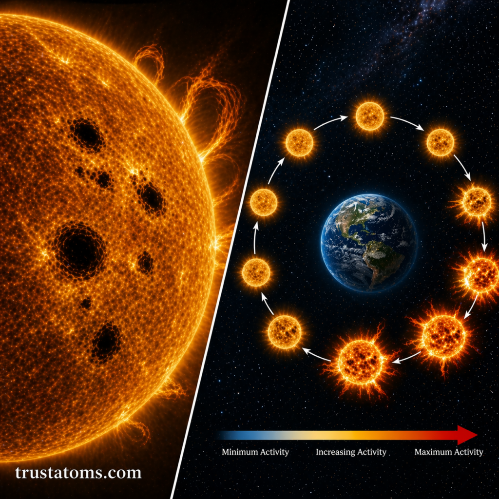Split illustration showing detailed sunspots on the Sun alongside a circular diagram of the solar cycle with changing activity levels around Earth.