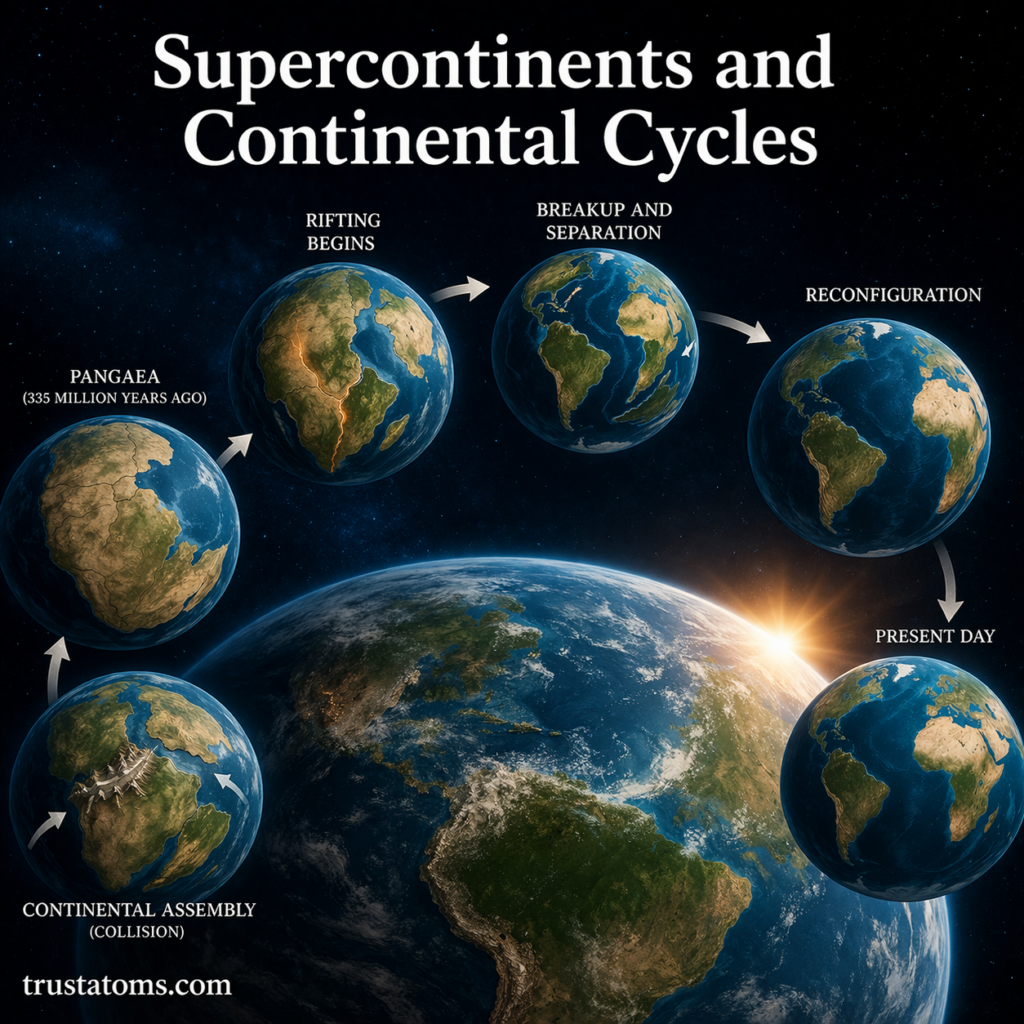 Illustration showing supercontinents and continental cycles with stages from Pangaea formation to modern continents.