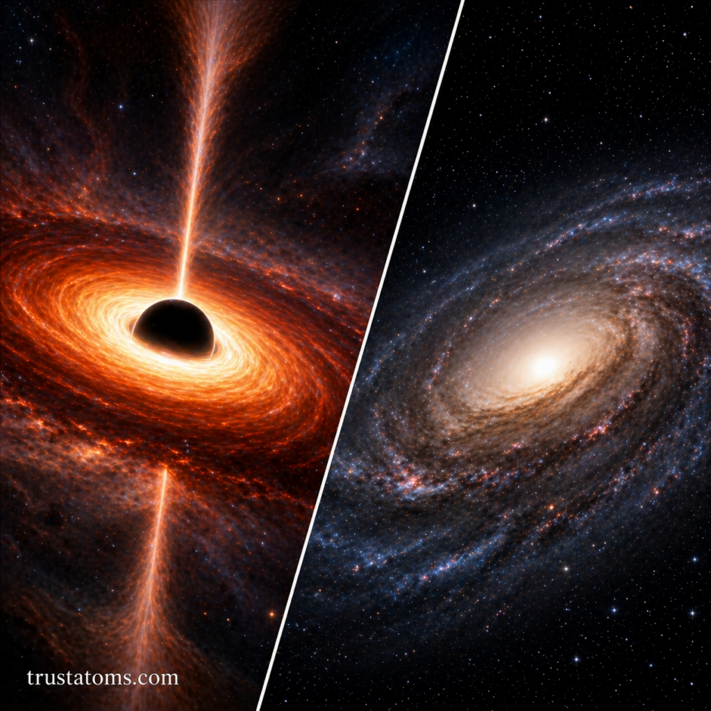 Split illustration showing a supermassive black hole with an accretion disk and jets on one side and a spiral galaxy with a bright central core on the other.