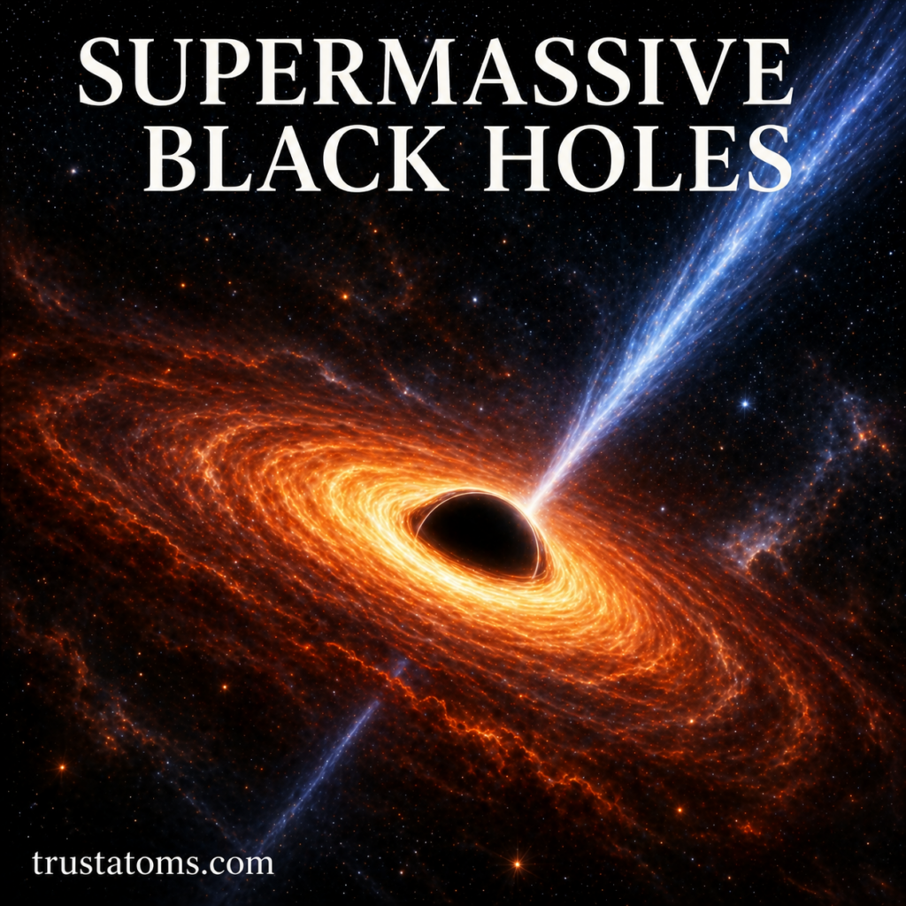 Illustration of a supermassive black hole with a glowing accretion disk and powerful jets extending into space.