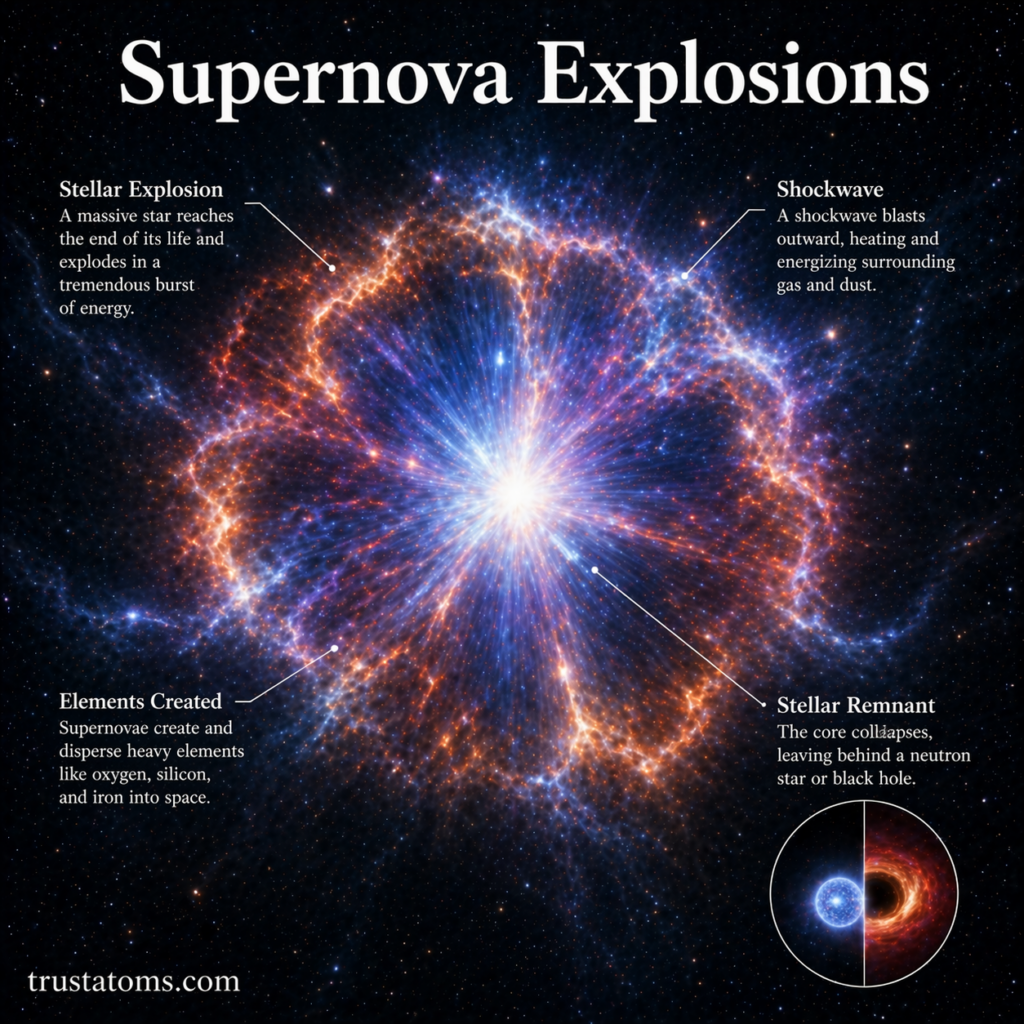 Illustration of a supernova explosion showing a massive star bursting outward with shockwaves and creating a stellar remnant in space.