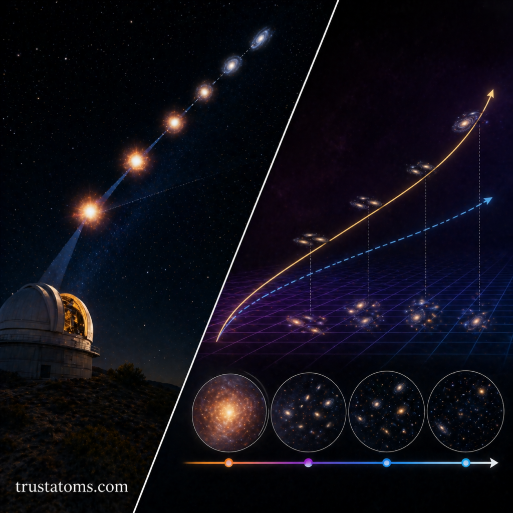 Split illustration showing telescope observation of distant supernovae on one side and accelerating universe expansion graph with galaxies on the other.