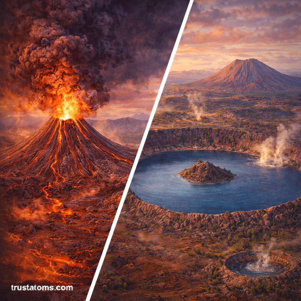Split illustration showing explosive supervolcano eruption on one side and calm caldera lake formation on the other.