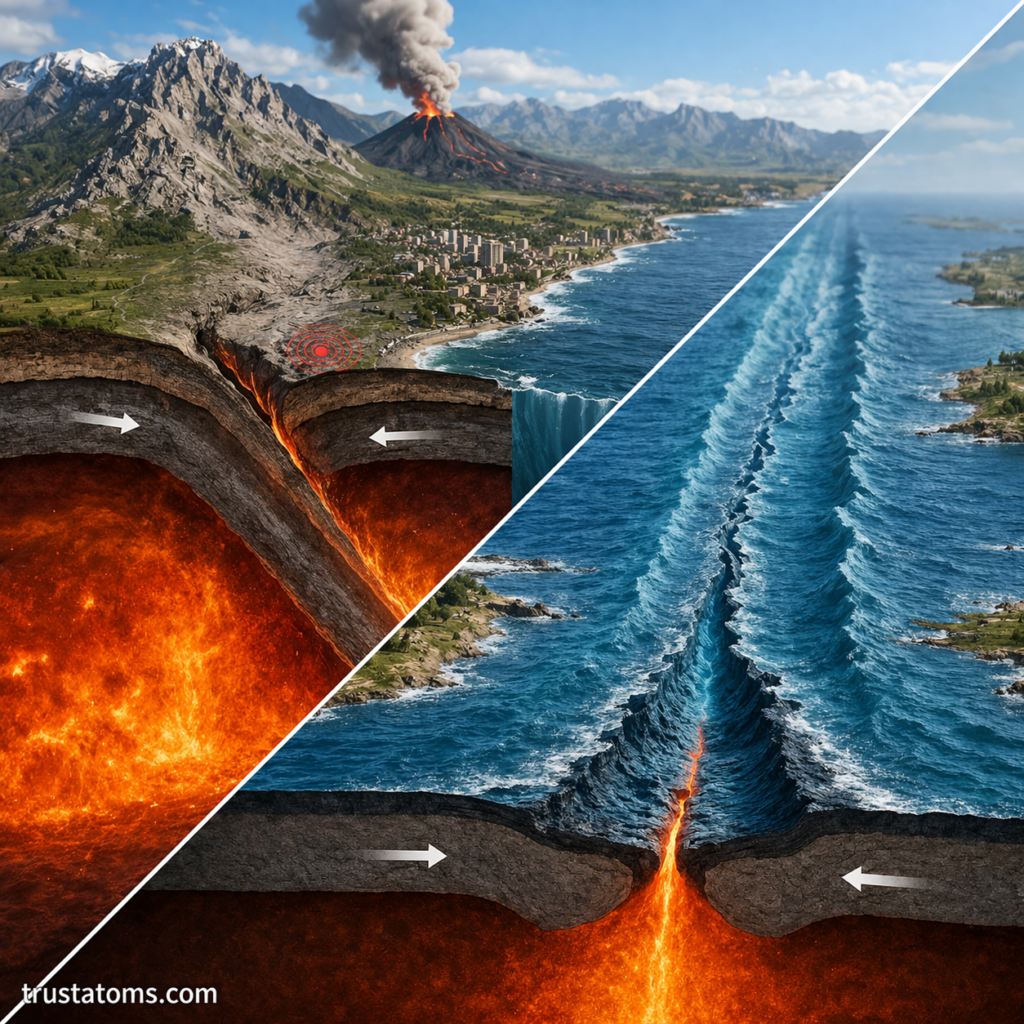 Split illustration showing convergent plate boundary with volcanic activity and divergent boundary with mid-ocean ridge formation.
