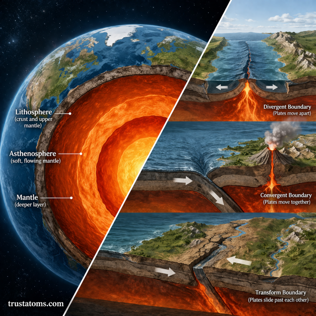 Split diagram showing Earth’s lithosphere and asthenosphere alongside divergent, convergent, and transform plate boundaries.
