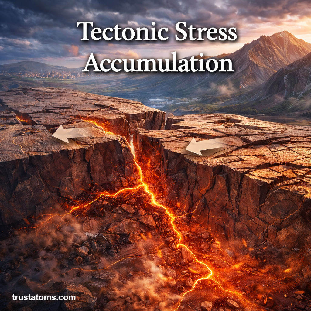 Illustration showing tectonic plates building stress along a fault line with visible ground cracking and energy buildup.