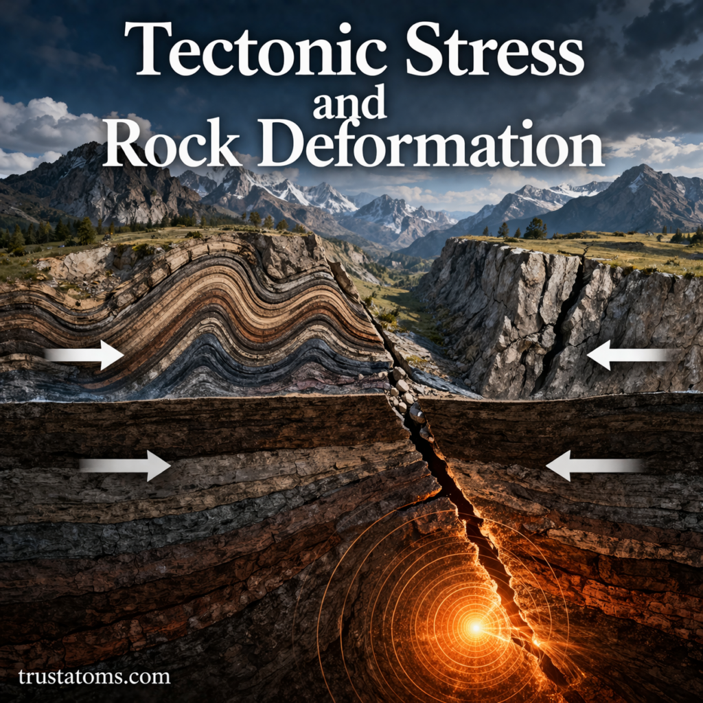 Illustration showing tectonic stress causing rock folding and faulting with arrows indicating compression and movement.