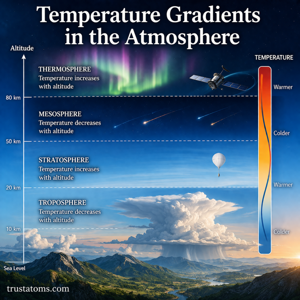 Temperature gradients in the atmosphere diagram showing atmospheric layers and how temperature changes with altitude.