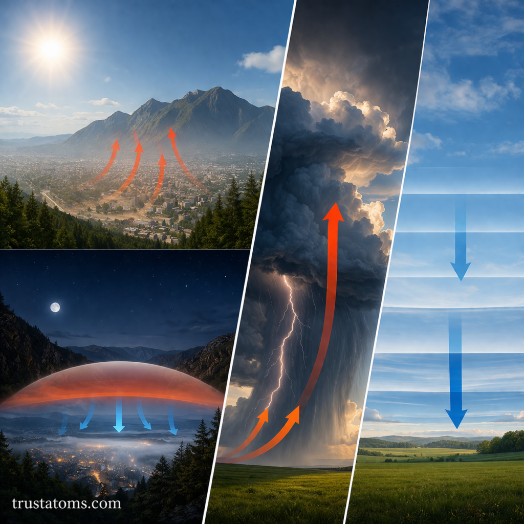Split image showing temperature inversion trapping cool air in a valley and unstable rising air forming a thunderstorm cloud.