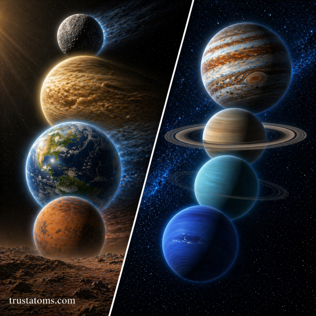 Split illustration comparing rocky terrestrial planets with thin atmospheres and large gas giants with thick, layered atmospheres.