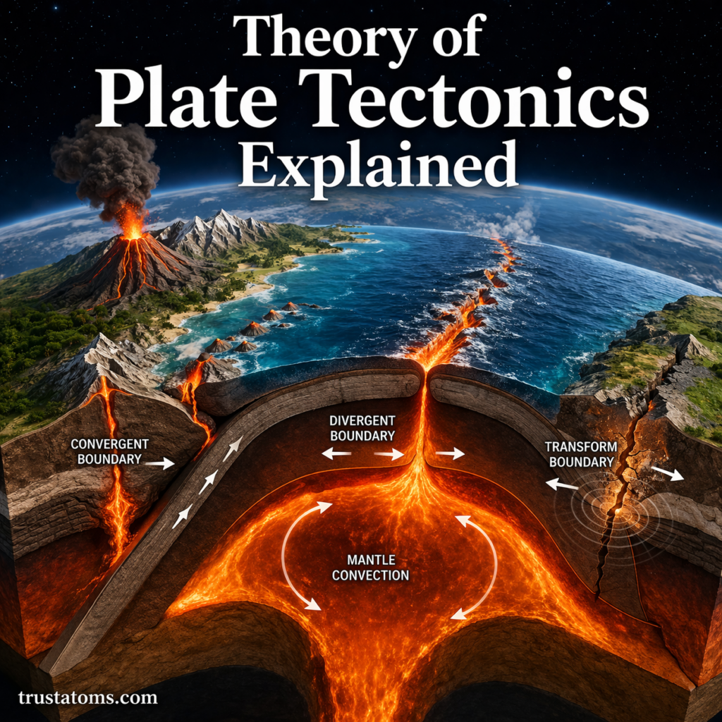 Diagram illustrating plate tectonics with divergent, convergent, and transform boundaries and magma movement beneath Earth’s surface.