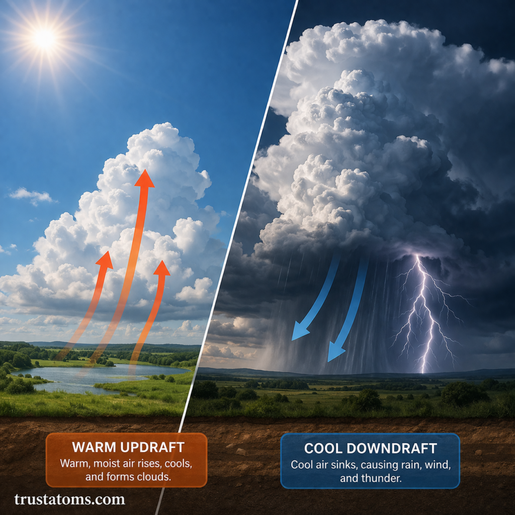 Split diagram showing warm air updrafts forming clouds and cool air downdrafts producing rain and lightning in a thunderstorm.