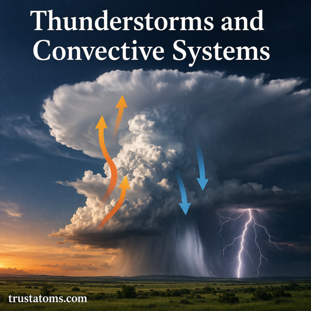 Illustration of a cumulonimbus thunderstorm showing updrafts, downdrafts, lightning, and convection processes.