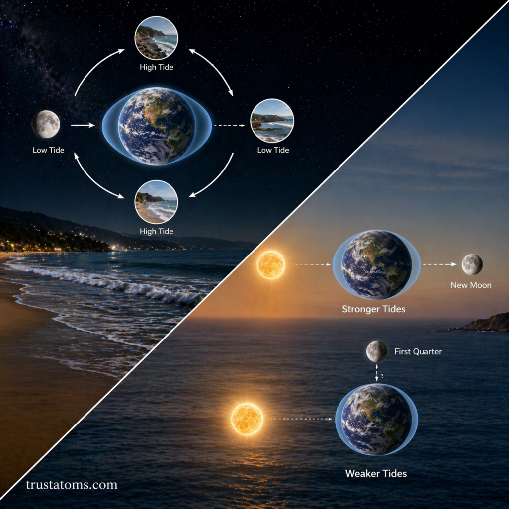 Diagonal split illustration showing Earth’s tidal bulges and comparison of stronger spring tides and weaker neap tides caused by Sun and Moon alignment.