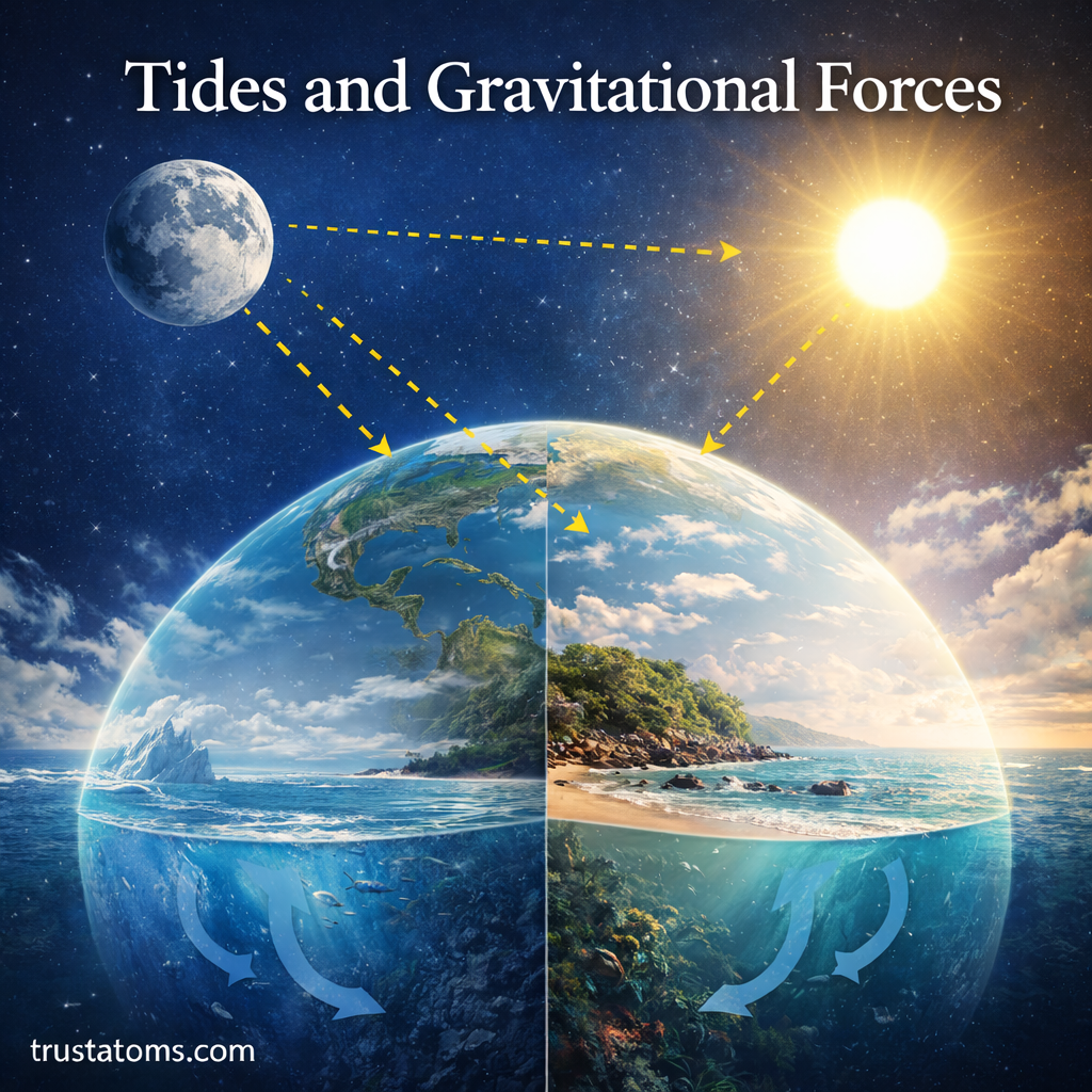 Illustration showing Earth, Moon, and Sun with gravitational forces influencing ocean tides and creating high and low tide patterns.