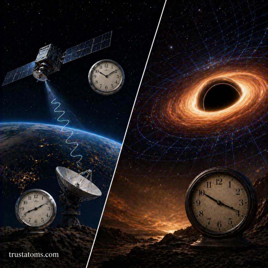 Split illustration showing time dilation from satellite motion near Earth compared to strong gravitational effects near a black hole.