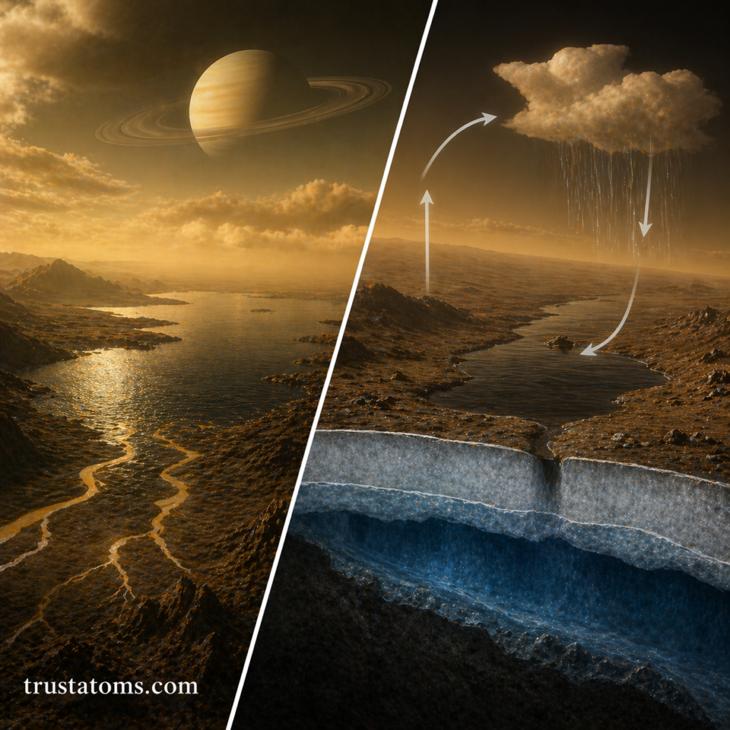 Split illustration showing Titan’s methane lakes and a simplified methane cycle with clouds, rain, and surface flow.