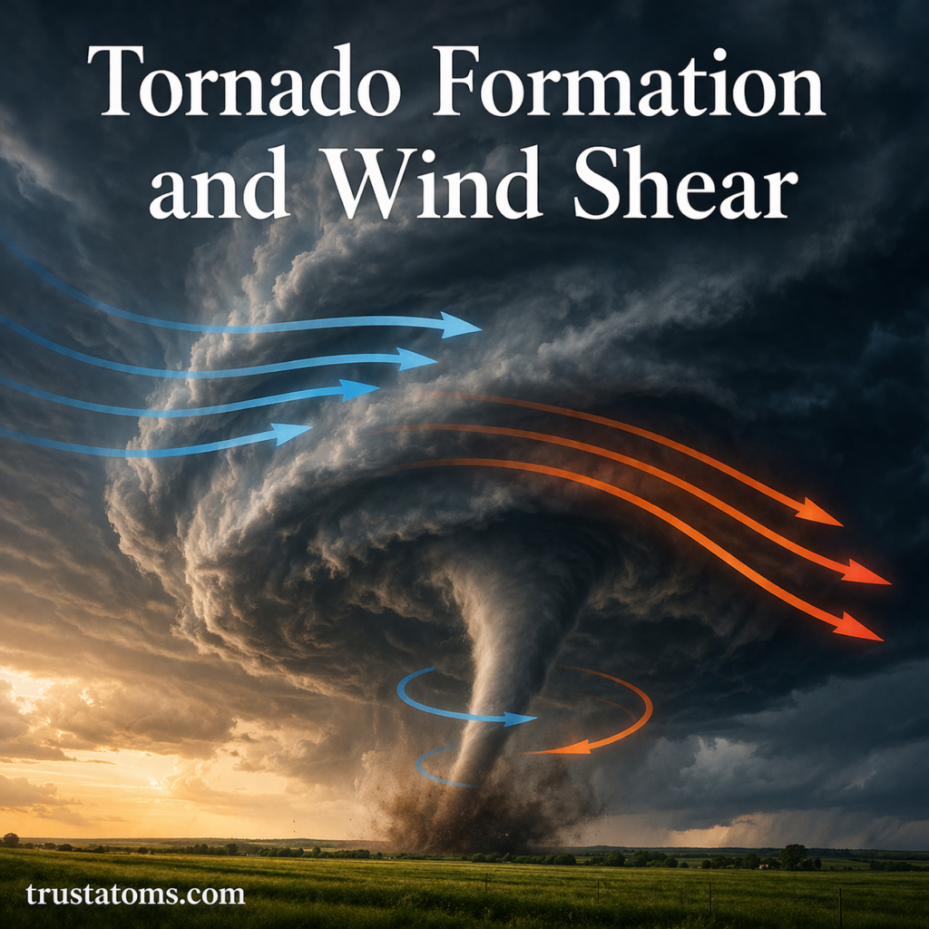 Illustration of a tornado forming beneath a supercell thunderstorm with wind shear arrows showing air movement and rotation.