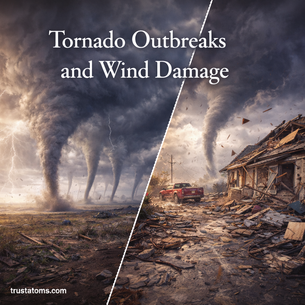 Illustration showing multiple tornadoes forming in an outbreak and severe wind damage to homes and vehicles.