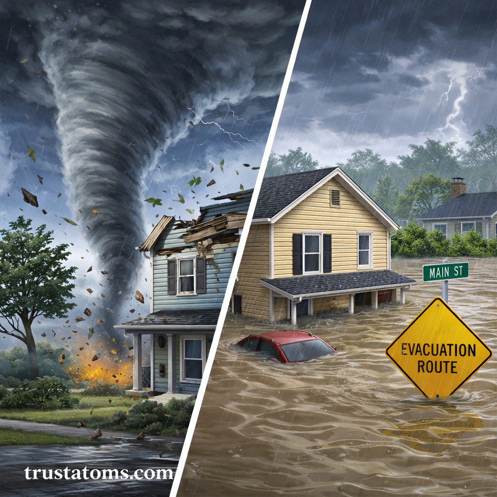 Split image showing a tornado damaging a home on one side and severe flooding submerging a house and car on the other, illustrating weather-related disaster risks.