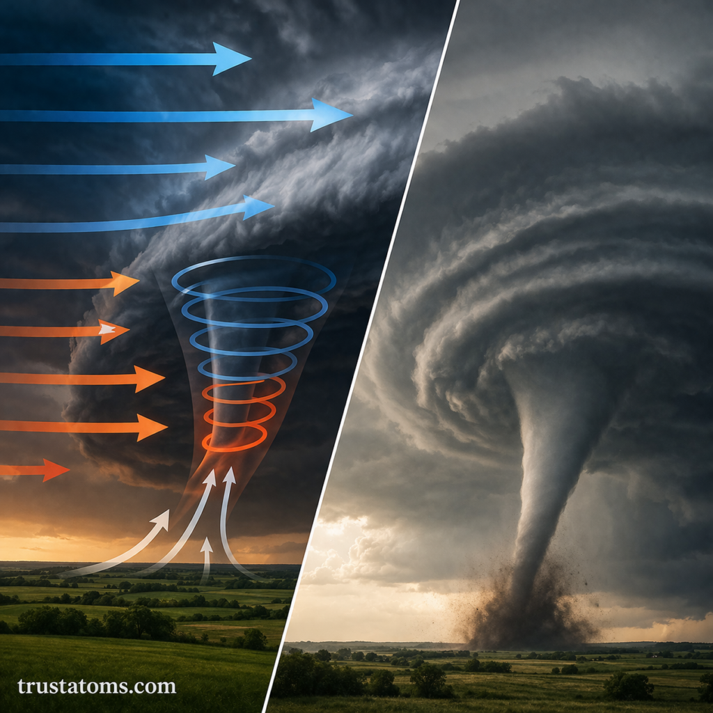 Split illustration showing wind shear creating horizontal rotation on one side and a fully formed tornado on the other.