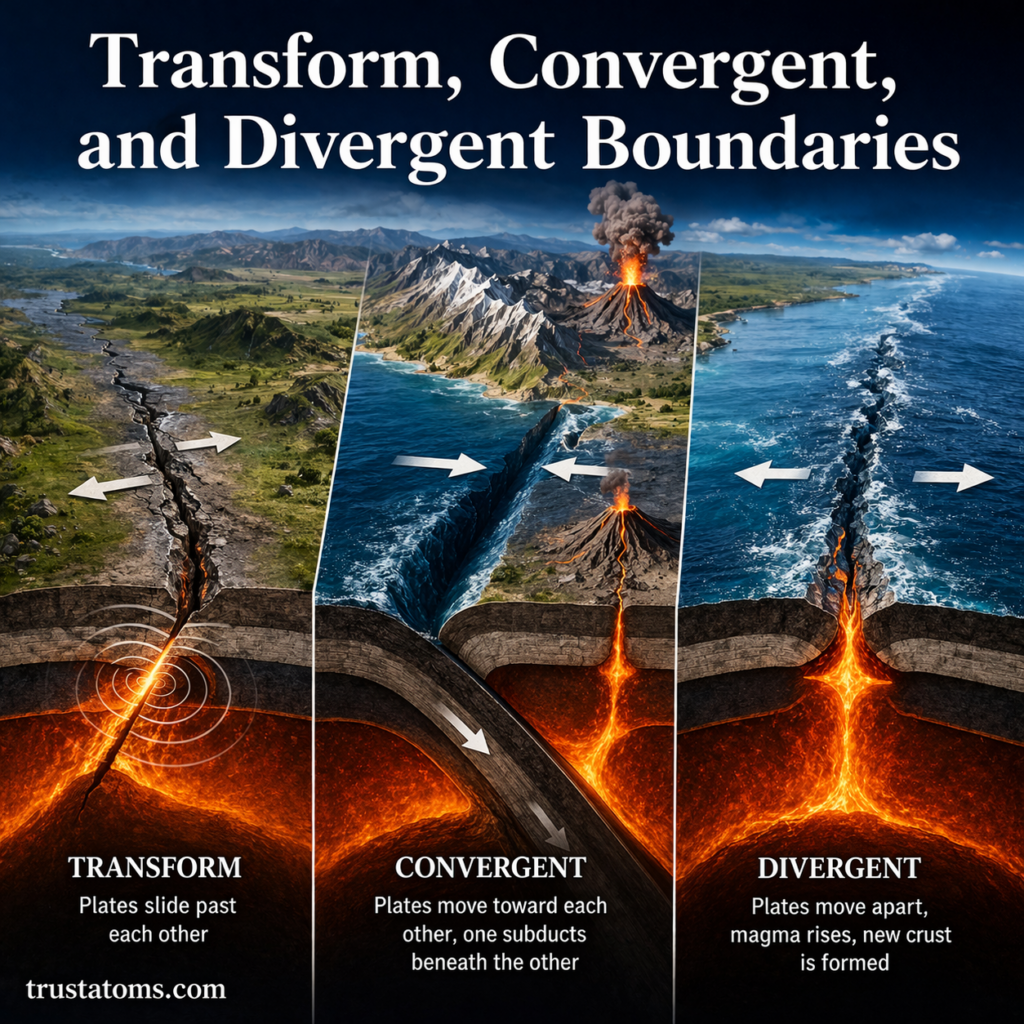 Diagram showing transform, convergent, and divergent plate boundaries with arrows indicating plate movement and magma activity.
