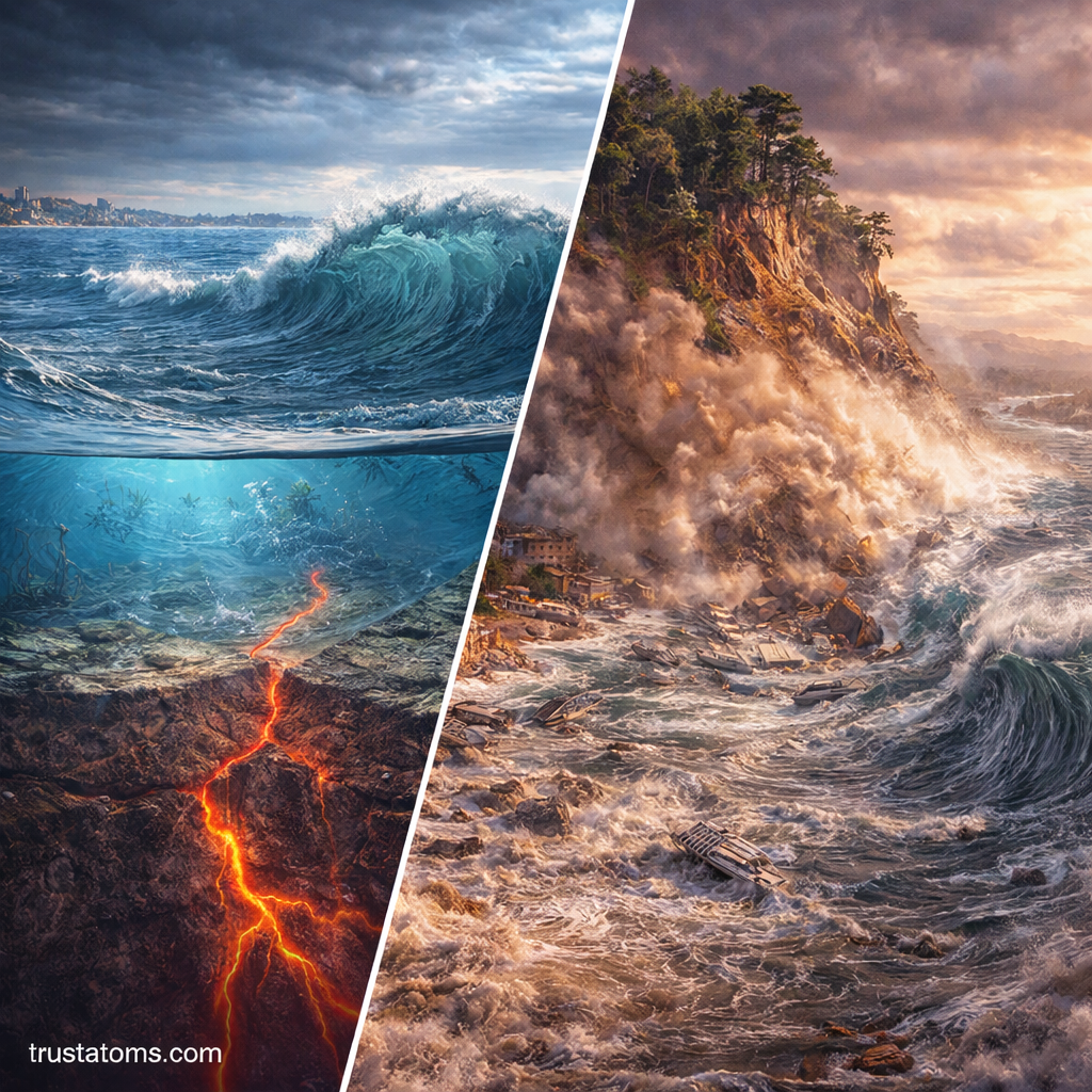 Split illustration showing tsunami causes including underwater earthquake and coastal landslide displacing ocean water.
