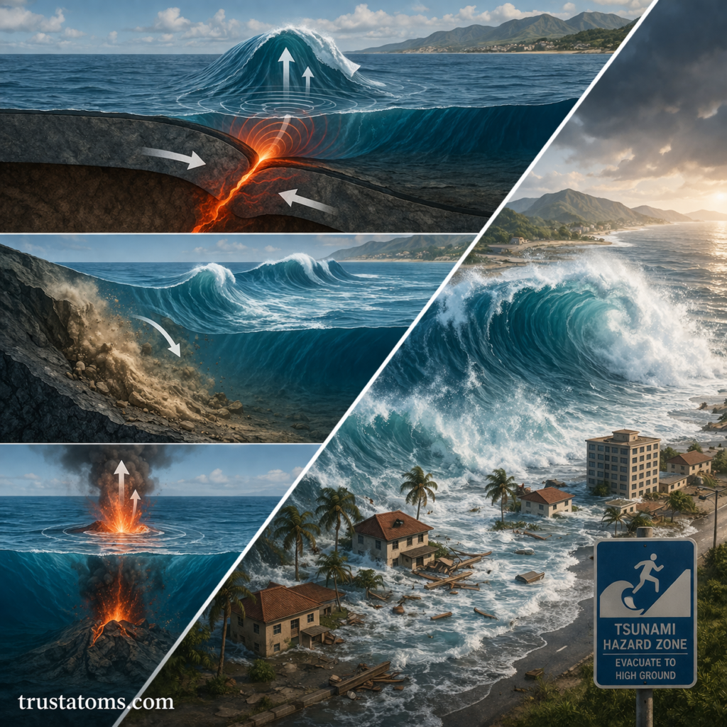 Split diagram illustrating tsunami causes including underwater earthquake, landslide, volcanic eruption, and coastal wave impact.