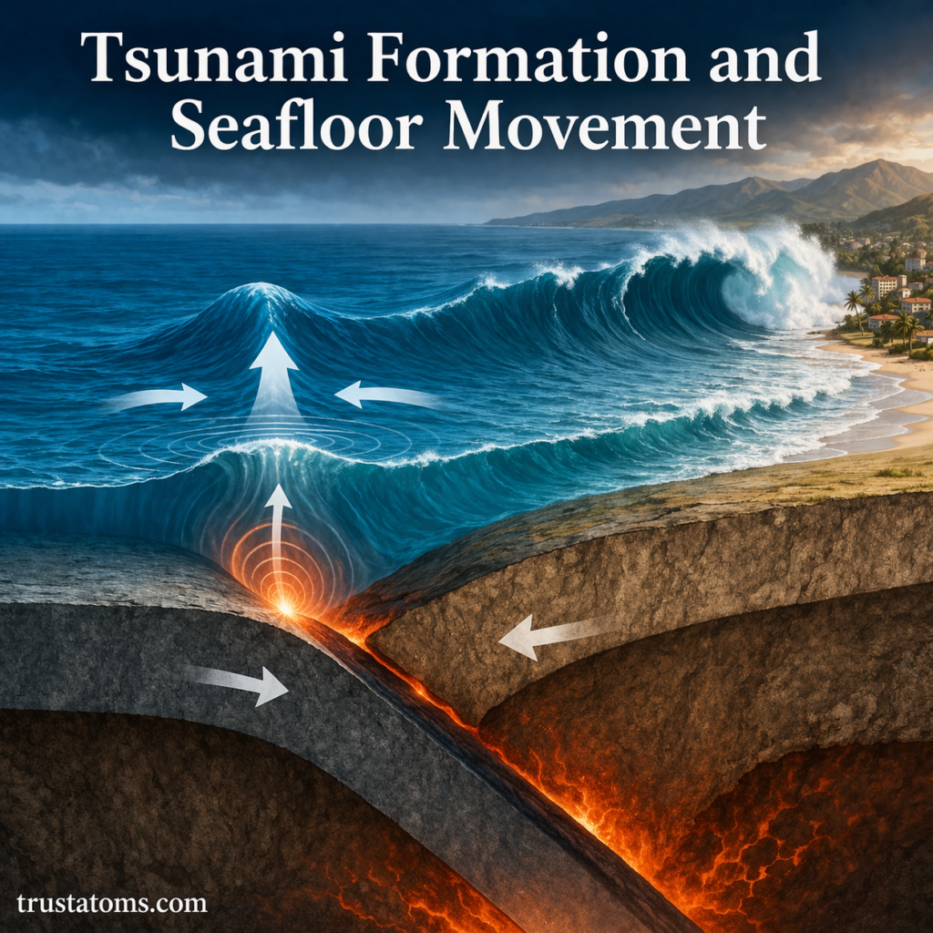 Illustration showing tsunami formation caused by seafloor movement with tectonic plate displacement and ocean wave buildup.