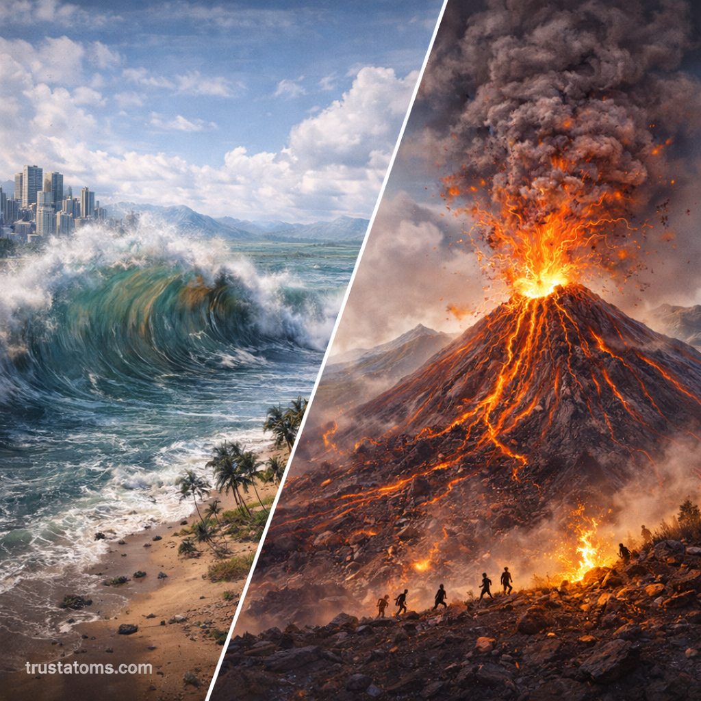 Split illustration showing a tsunami wave approaching a coastal city and a volcanic eruption with lava and ash plume.