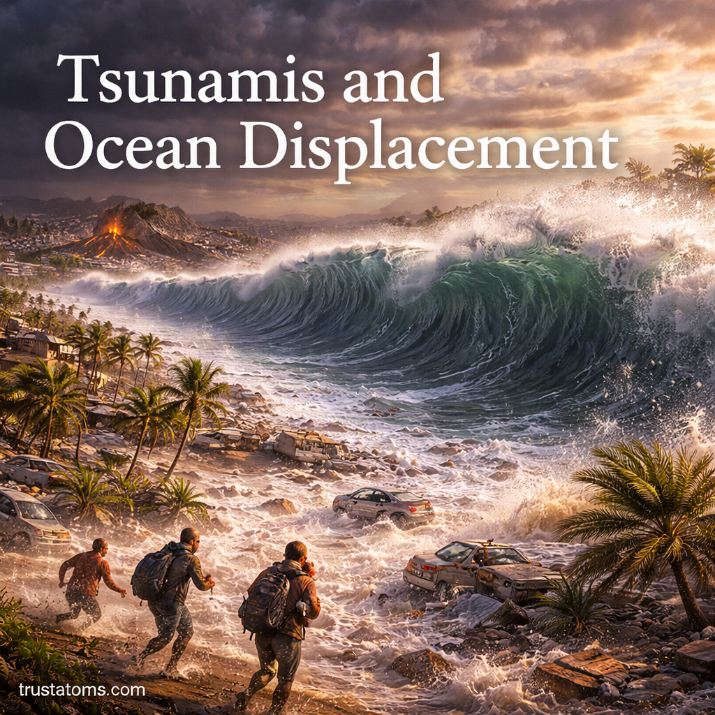 Illustration showing a massive tsunami wave caused by ocean displacement crashing into a coastal area.