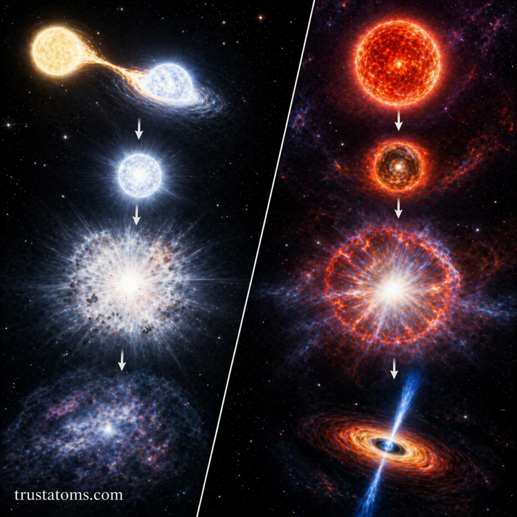 Split illustration comparing a Type I supernova from a white dwarf and a Type II supernova from a massive star collapse.
