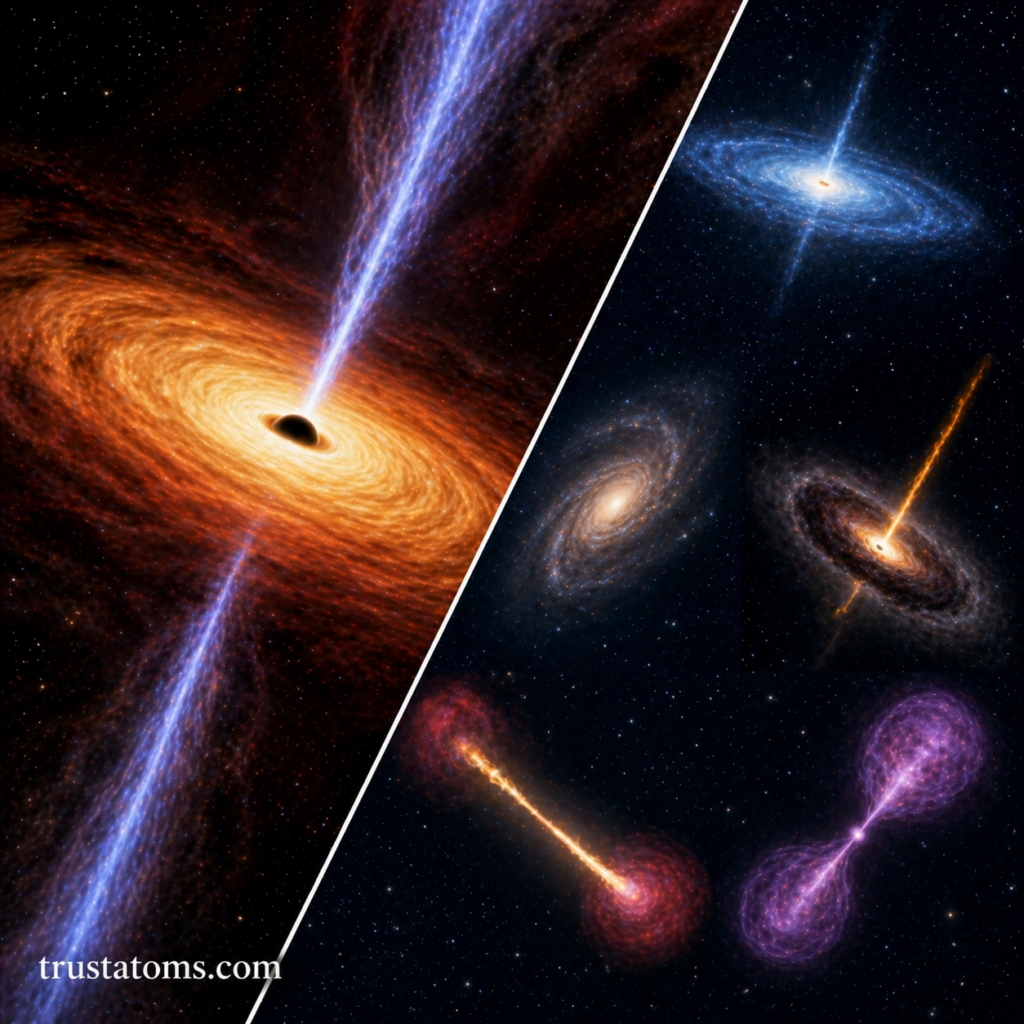 Split illustration showing an active galactic nucleus with a bright accretion disk on one side and different types of AGN with jets and galaxies on the other.